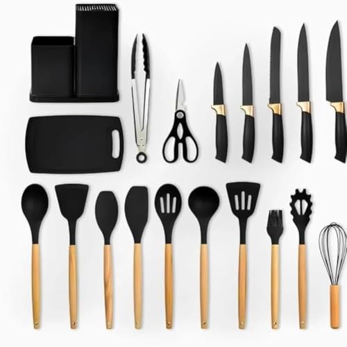 Utensílios para Cozinha Silicone, Kit com 19 Peças, Antiaderente, Organização para Cozinha (Preto)