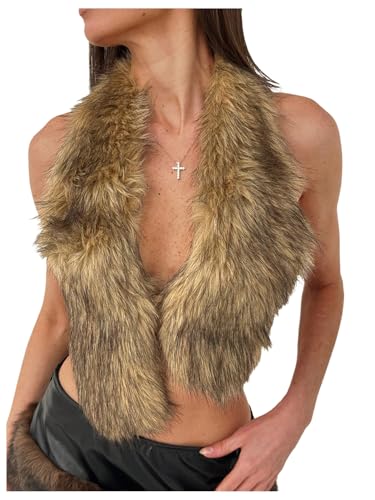 WDIRARA Womens Faux Fur Halter Tank Top Sleeveless Tie Backless Fuzzy Vest Going Out Rave Party Sexy Y2K Deep Khaki Large