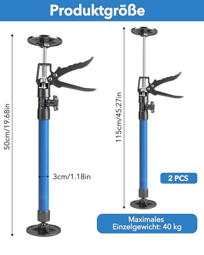 GWAEPU 2 Stück Deckenstütze Montagestütze Einhandstütze Teleskopstütze: 50-115cm Zargenspanner Schrankheber mit 360° Drehung 50 kg Tragkraft für Deckenplatten Küchenmontage Heimwerker