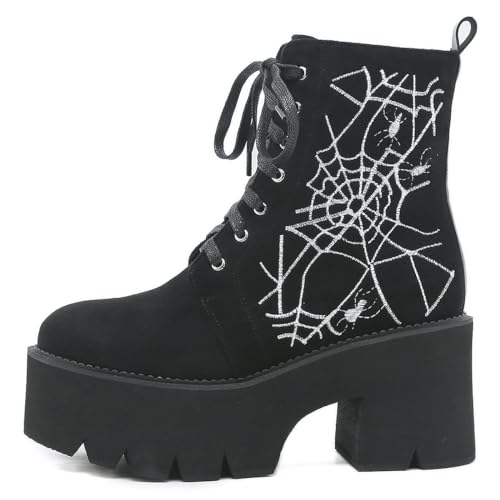 Image of Parisuit Womens Goth Patent Ankle Boots Platform Chunky Combat Boots | Lace Up, Gothic Boots, High Heel, Punk Short Booties, Buckle Boots, Chain Boots