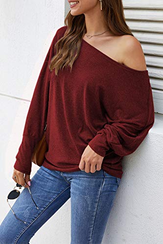 Image of Aifer Women's Off The Shoulder Tops Sexy Long Sleeve Shirts Oversized Fashion Casual Batwing Sweaters Pullover Tunic Tops