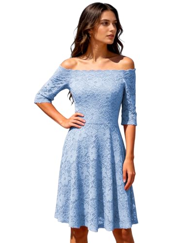 Image of Atnlewhi Womens Vintage Lace Floral Off Shoulder Elegant Swing Dresses A-line Mini Dress for Party Cocktail Wedding