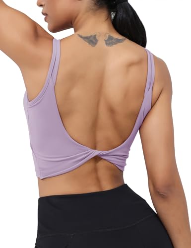 Image of LUYAA Womens Workout Sports Bras Backless Padded Yoga Tank Tops Crop Twist Low Back Cami Bra for Gym