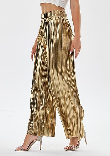 zsangbee Women's Metallic Sparkle Wide Leg Sequin Shiny Pants Party Club Casual Silver Gold Pants3