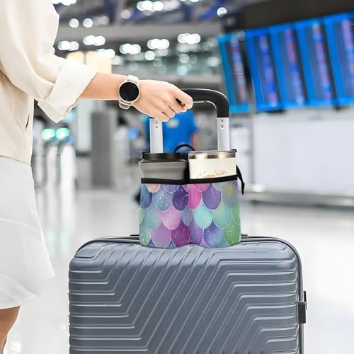 Image of Luggage Cup Holder for Suitcases Free Hands Suitcase Cup Holder Travel Luggage Drink Holder Portable Luggage Cup Caddy Bag Carrier with Handle Watercolor Mermaid Scales Colors
