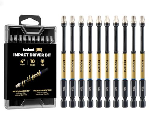 Image of toolant T25 4 inch Impact Torx Bits, 1 /4 inch Hex, S2 Steel, 10-Piece Set | Diamond-coated CNC tips grip screw heads, while strengthened magnets hold screws in tight spaces.