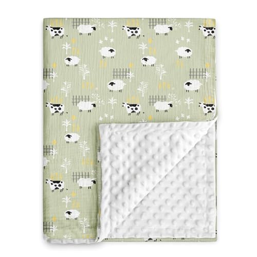 GLLQUEN BABY Blankets for Unisex Newborn Super Soft Nursery Minky Blankets with Muslin Cotton Front and Dotted Fleece Backing, Happy Little Sheep, 30...