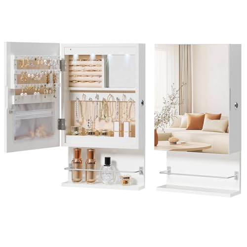 HOOBRO Wall Mounted Jewelry Cabinet, LED Jewelry Armoire with Interior Mirror, Hanging Jewelry...