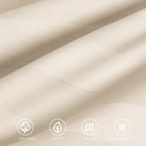 Image of 100% Egyptian Cotton Pillow Protectors Set of 4, 600 Thread Count King Size Bed Pillow Cases with Zipper, Sateen Weave Cooling Pillow Cases Quiet and Breathable Easy Care (4PCS, Stripe-Beige)