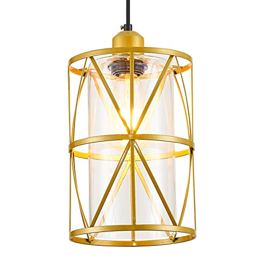 SHENGQINGTOP Modern Gold Metal Pendant Light with Clear Glass Shade Transitional Hanging Light Fixture Mini Cylinder Pendant Lighting for Kitchen Island Sink Dining Room Bar Cafe Farmhouse