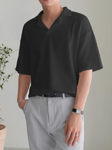 Image of Men's Textured Waffle Knit Polo T-Shirt | Relaxed Fit Half Sleeve Collared Tee | Soft Breathable Casual Summer T-Shirt