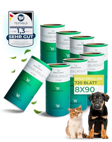 SIMPLYHACK - Fusselrolle - [8er] Set - 720 Blatt - Ersatzrollen für gängige Fusselrollen - hohe Klebekraft - Fusselrolle Tierhaare - benutzte Blätter Lassen Sich leicht entfernen