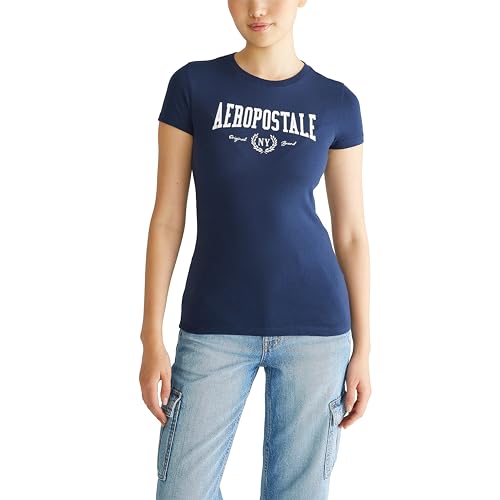 AEROPOSTALE Women's Aero SS Graphic Tee-Collegiate, Cadet Navy, Large