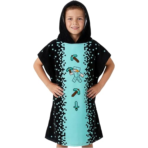 Minecraft Bath Towel with Hood for Kids and Teenagers Changing Robe Absorbent Creeper Poncho Towel for Swimming Bath Shower Beach Holiday Essentials (Black/Blue, 10-13 Years)