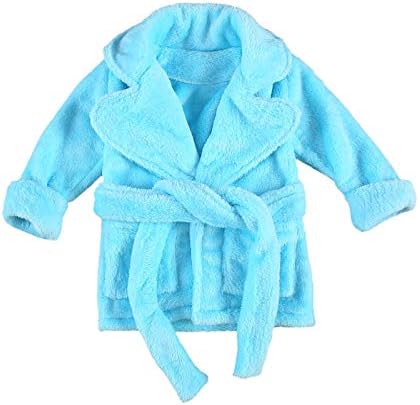 Toddler Baby Boy Girls Flannel Bathrobe Ultra Soft Long Sleeve Lapel Design Robes with Belt and Pocket Clothes (Blue,6-12 Months)