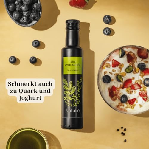 Foto von Natulio BIO Avocadoöl kaltgepresst 250ml - zur Ernährung sowie zur Hautpflege geeignet - reich an Vitamin E und ungesättigten Fettsäuren - zertifiziert nach DE-ÖKO-006