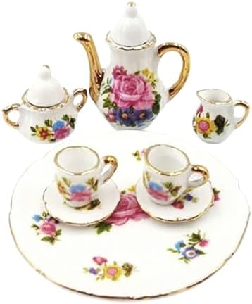 8PCS Dollhouse Tea Cup Sets, 1:12 Scale Miniature, Porcelain Dollhouse Accessories, Flower Pattern Teapot Platter Dish Sets,Dish Cup Plate with Golden Trim image 3
