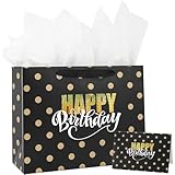 CAMKUZON Large Black Birthday Gift Bag with Card and Tissue Paper - Gold Foil Happy Birthday & Polka Dot Design, 13' X 10' X 5'