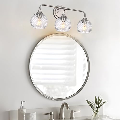 Image of MELUCEE 3 Lights Modern Vanity Lights Over Mirror, Brushed Nickel Bathroom Lighting Fixtures with Clear Striped Swirl Glass Shade, Metal Wall Mount Lamp for Mirror, Bathroom Living Room Workshop