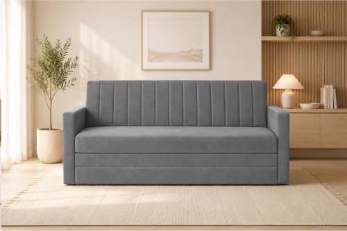 Image of Los Angeles Modern Velvet 3-Seater Sofa Cum Bed with Armrest, Multipurpose Convertible Sleeper Couch Sofa for Living Room, Bedroom & Office- Grey Color