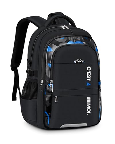 Amythe Schulrucksack Jungen Teenager - Wasserdichter Schulranzen - Leicht & Modisch Ergonomisches Design -Daypack Groß Kinderrucksack Ideal für Schule & Reisen (Schwarz)
