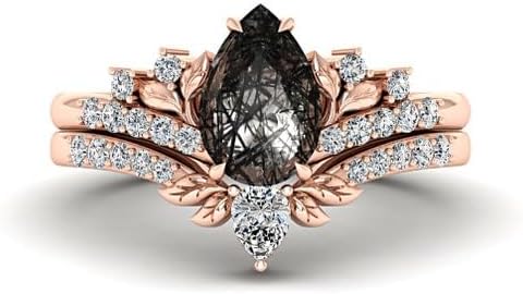 Generic Black Gold Rutilated Quartz Engagement Ring Set Women, Leaf Shaped Nature Inspired Gothic Black Stone Ring, Pear Shaped Wedding Bridal Ring