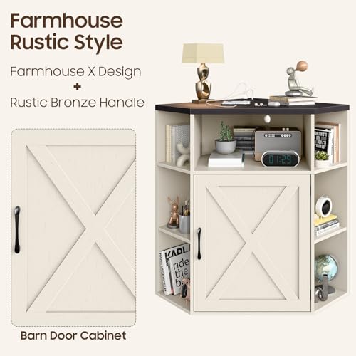 Image of Halitaa Corner Storage Cabinet, Farmhouse Corner Bookshelf with Storage 6-Cubby Wooden Cabinet with USB Ports and Outlets Industrial Organizer for Small Space, Study, Playroom, Living Room