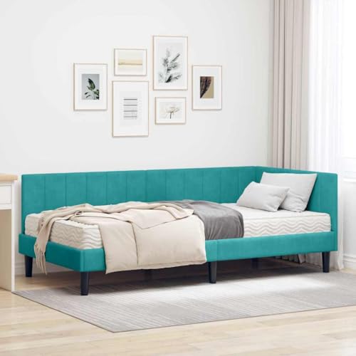 Teenpull Marco de cama esquinero con colchón y cabecero de terciopelo turquesa de 204 x 104 x 72 cm, colchón de espuma de dureza media, estructura de madera estable, espacio para dormir versátil y