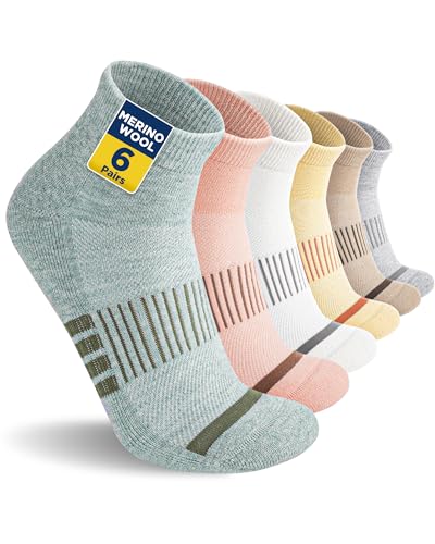 Niofind Merino Wandersocken Damen Herren, Atmungsaktiv Quarter Sneaker Socken Wollsocken, Gepolstert Laufsocken Kurze Sportsocken für Alltag Sport Outdoor 6 Paar