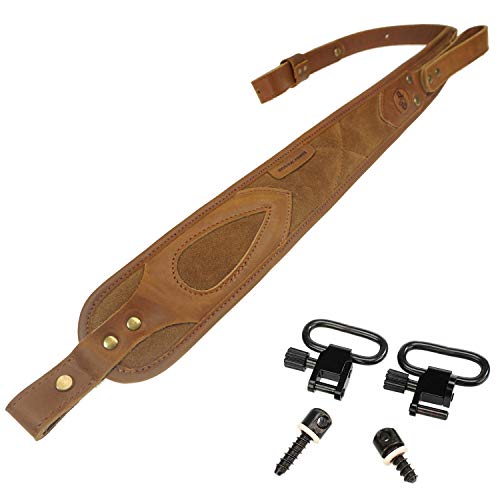 WAYNE S DOG Crazy Horse Buffalo Cowhide Leather Rifle Gun Sling, Padded Handmade Gun Straps(Brown + Swivels)