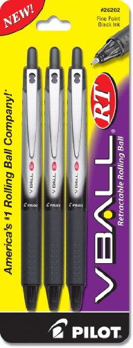 Pilot VBall RT Retractable Rolling Ball Pens, Fine Point, 3-Pack, Black Ink (26202)