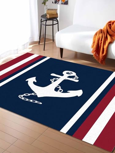 Savannan Rectangle Indoor Area Rugs, Nautical Anchor Red White Stripes Navy Blue Non-Slip Accent Rug for Living Room Bedroom Office Kids Room Nursery, 2'7'x5'