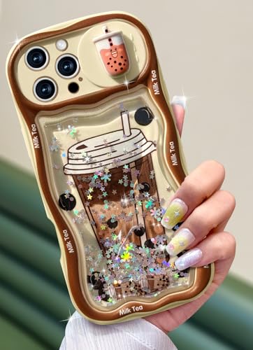 Toycamp for iPhone 16 Pro Max Case - Women Girls Cute Phone Cover Boba Milk Tea with Sliding Camera Cover Girly Bling Glitter Kawaii Design Flowing Liquid Quicksand Case for iPhone 16 Pro Max 6.9 "