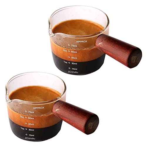 Ehwisbe 2X Vaso Medidor de Vidrio Vaso de Chupito Expreso 75 ML Jarra Triple Caños Individuales con Manejar de Madera