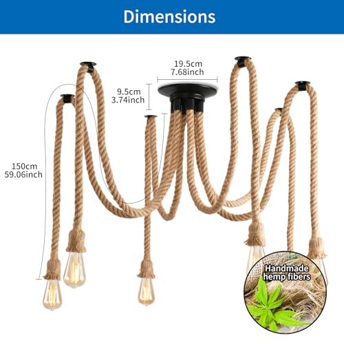 ANWIO 6 Heads Spider Light Chandelier,Pendant Lighting Ceiling,DIY Spider Rope Ceiling Lights,Bedroom Light Shades,Industrial Hanging Ceiling Lights,Hanging Light Fitting,Loft Lighting（1PCS） - Image 3