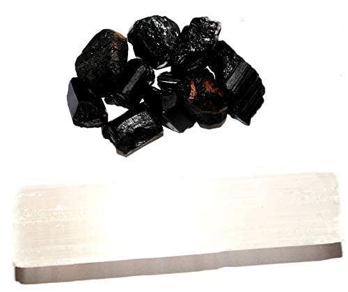 Image of Natural Black Tourmaline Stone Crystal Selenite Wand Combo Healing For Meditation Reiki and Vastu