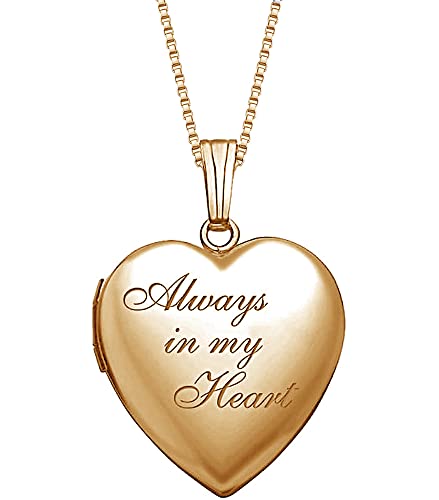 Picturesongold Personalized 14K Solid Yellow Gold / 14K Yellow Gold Filled "Always In My Heart" Engraved Heart Custom Photo Locket Necklace - (3/4 X 3/4 Inch) (14K Yellow Gold Filled, Locket + Engraving) #TOP27