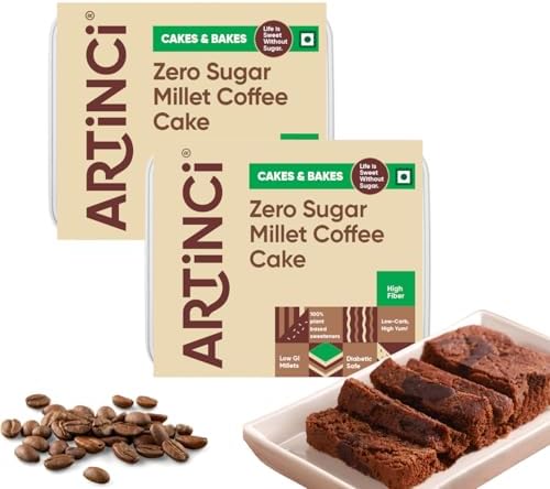 Artinci Eggless Coffee Cake (150g X Pack of 2), Sugar Free & Diabetic Friendly, Rich Filter Coffee Flavor, High Fibre & Low Carb, No Maida, Low GI, Healthy Baked Snacks, As Seen on Shark Tank