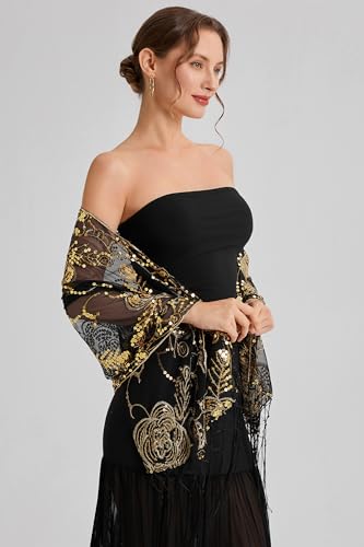 Image of BABEYOND 1920s Sequined Shawl Wraps for Women Fringed Evening Cape Wedding Bridal Shawl Scarf for Evening Dresses Party