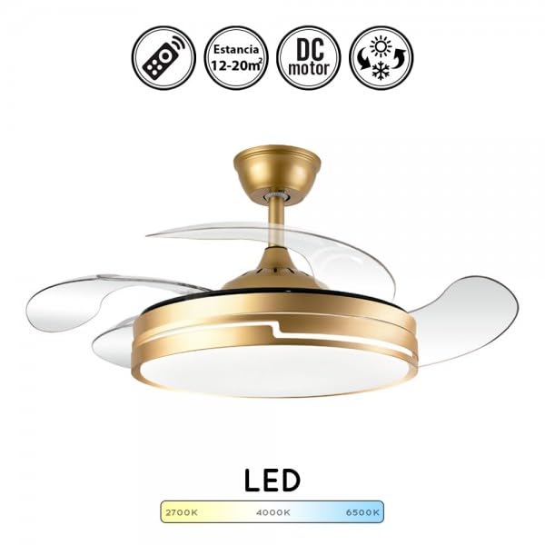 Bilake Ventilador de Techo con luz 72W | Silencioso Motor DC | Aspas retractiles Plegables | Lampara Ventilador de Techo Dorado Destro