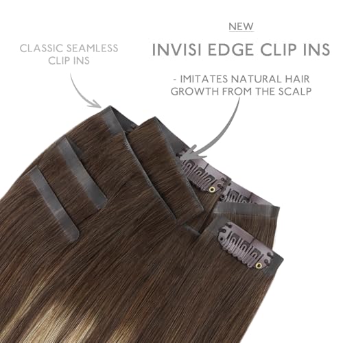 Image of WENNALIFE Invisible Edge Seamless Clip in Hair Extensions Real Human Hair | 18'' 130g 7pcs Balayage Chocolate Brown to Caramel Blonde. Thin PU Weft, Easy, Comfort Clip in Remy Hair Extensions