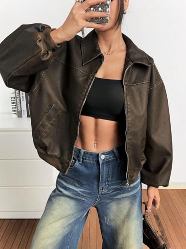 Chic and Comfy: Women's Brown PU Leather Jacket for Fall and Winter (Large) - Image 2