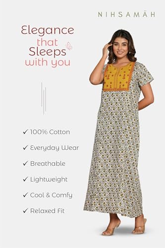 Image of NIHSAMAH Cotton Nighty for Women - Printed Stylish Night Gown, Comfortable Sleepwear Long Nightwear, Maxi