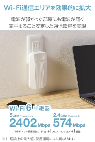 エレコム WiFi 無線LAN 中継器 Wi-Fi6 11ax 2402＋574Mbps コンセント直挿し EasyMesh対応 離れ家モード搭載 ホワイト WTC-W602-W
