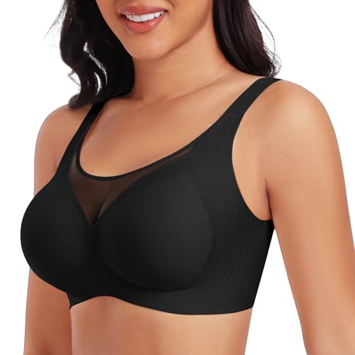 Vancavoo Wireless Bras for Women No Underwire Bras Soft Support Sexy Mesh Bra Plus Size Underwear Full Coverage Gathered Bralette Comfort Seamless Bras Everyday Bras(Black,XL)