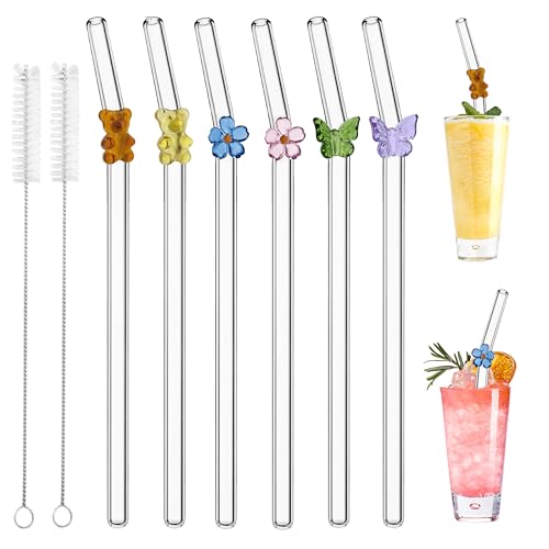 6 Stück Strohhalme Glas, Wiederverwendbar Glas Strohhalm, Trinkhalme glas Gebogen mit Reinigungsbürsten für Säfte, Cocktails, Smoothie, Kaffee, Milch（kleiner Bär、Blume、Schmetterling)