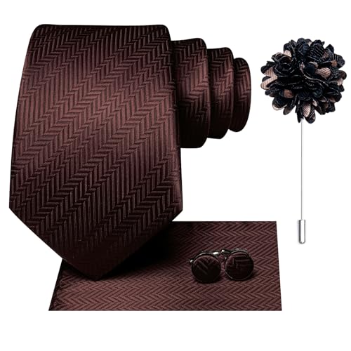 Image of Hi-Tie Men Silk Ties Set with Flower Lapel Pin Necktie Pocket Square Cufflinks for Tuxedo Wedding Business