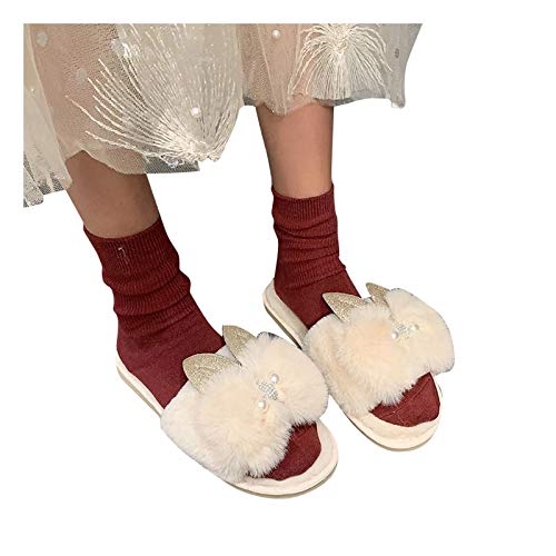 Woman Shoes Neutral Winter Indoor Home Warmth Non-Slip Plush Slippers Beige