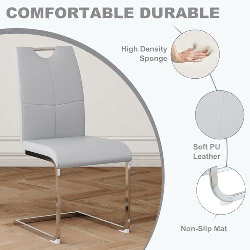 51.18" W Glass Dining Table Set for 4, Modern Rectangular Glass Kitchen Table with Sliver Metal Legs, 4 PU Leather Chairs with Silver Legs, for Dining Room, Home - Light Grey - Image 5