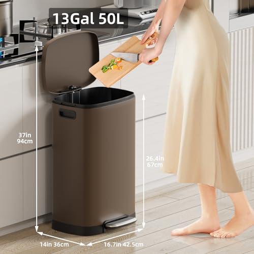 Image of KUK 13 Gallon Kitchen Trash Can with Lid, 50L /13Gal Office Step Garbage Can for Home, Kitchen, Laundry Room, Office, Brushed Stainless Steel, Brown